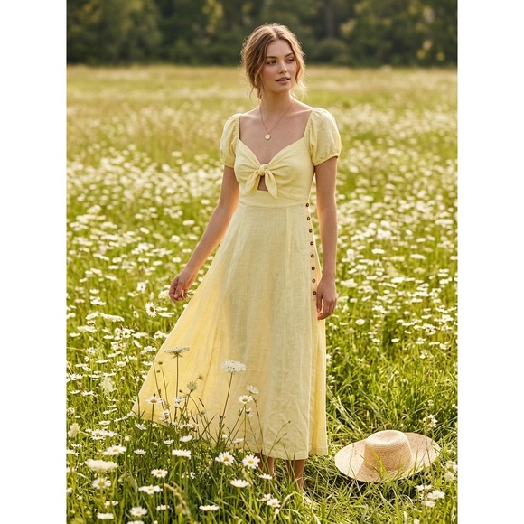 Free People Dresses & Skirts - Free People Oasis Midi Dress Yellow Cotton Blend Tie Front Puff Sleeve Medium